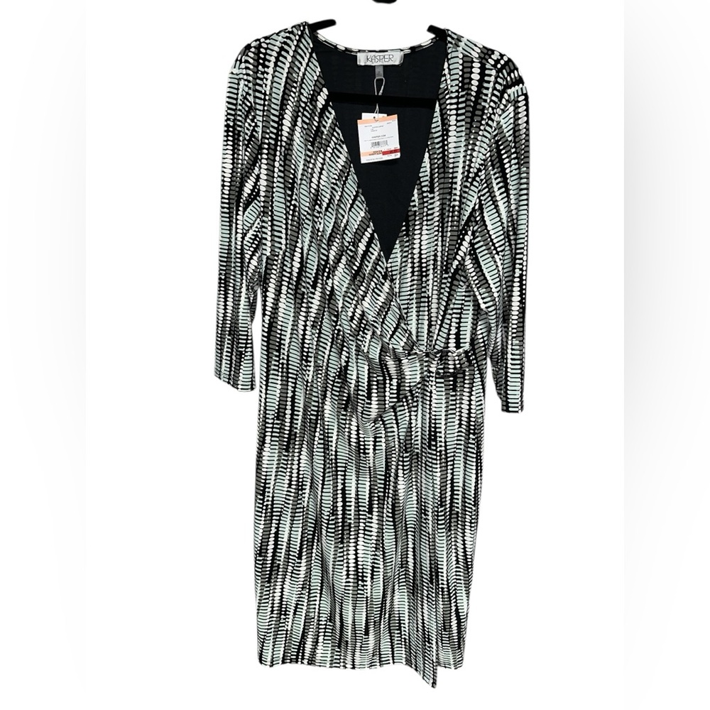 Kasper Black, White‎ and Green Faux Wrap 3/4 Length Sleeve Dress size 2X NWT